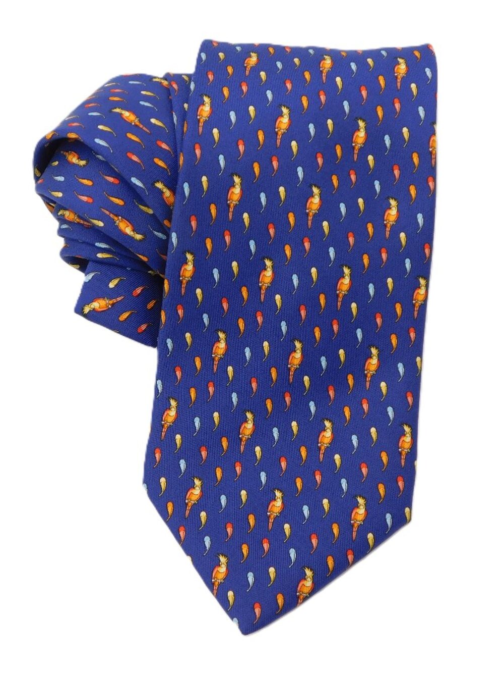Salvatore Ferragamo Royal Blue Silk Parrots Cockatoos & Feathers Tie | EUC